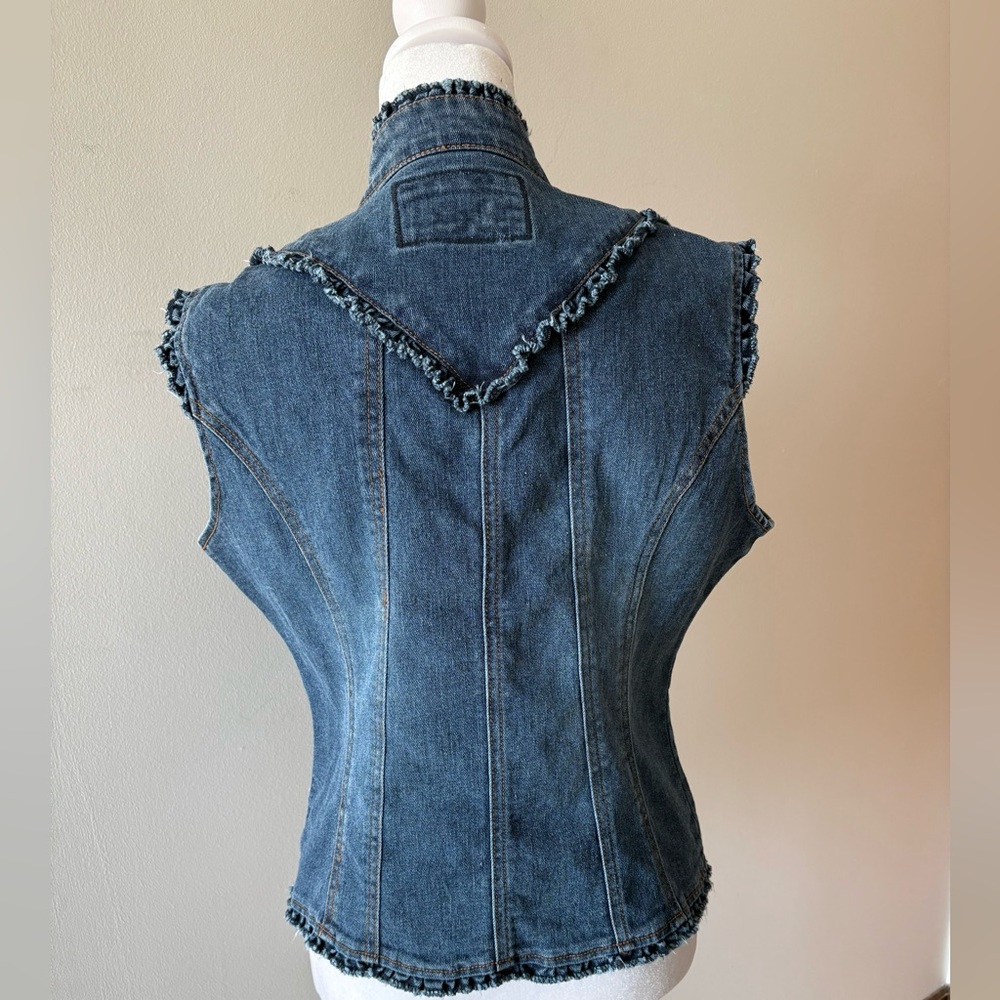 Star Jeans Distressed Denim Vest w Ruffle Trim & Brass Buttons. L Western - Picture 2 of 8
